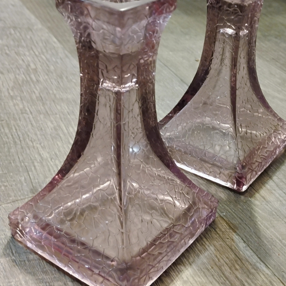 Antique Art Deco Glass Candle Stick Holders manganese Amethyst square Pair 6”. C - Picture 4 of 4